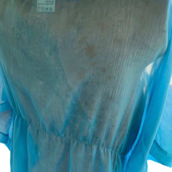 Turquoise Blue Transparent Kimono/Cover Up With Metallic Neckline Detail - Picture 6 of 8
